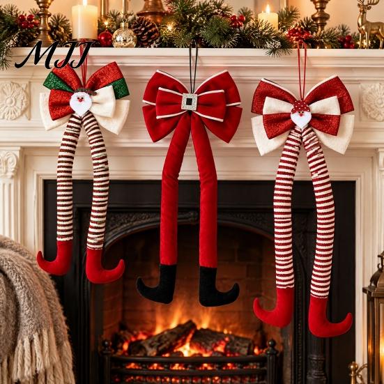 Christmas Ornament Set for Home Long Legs Bow Ornament, Plush Velvet Hanging Decor with Bendable Flexible Fabric Bows Legs, Red White Tree Pendant