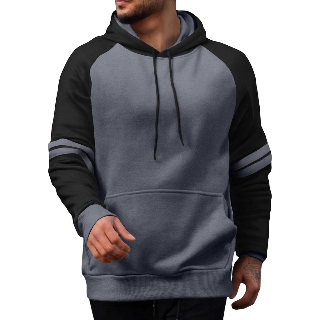 Men's Casual Loose Sweatshirt Blocking Color Drawstring Large Pocket Hoodie Raglan Sleeve Sports Sweatshirt