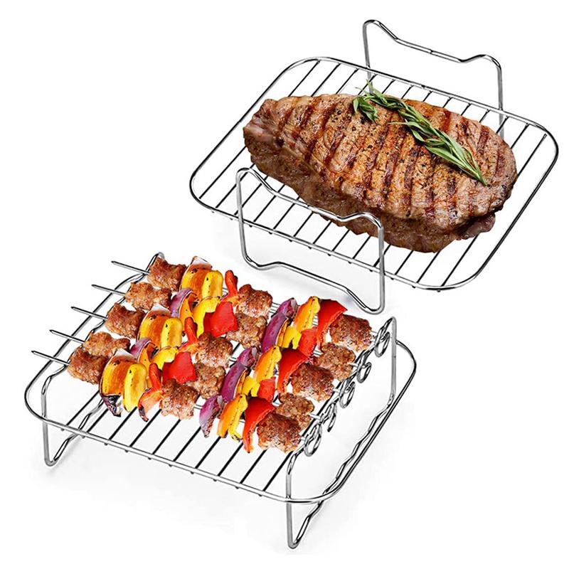ABWR-2PCS Air Fryer Rack, Air Fryer Double Layer Rack, Multi-Purpose Air Fryer Parts Grilling Rack With 5 Skewers