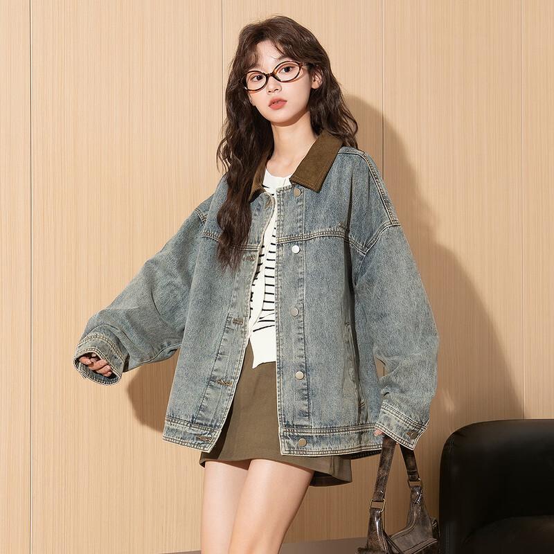 TonLion Women's Corduroy Collar Denim Jacket