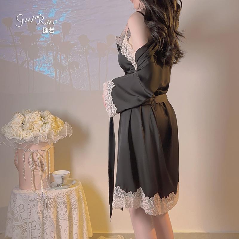 Women's Satin Lace Deep V Tie Waist Cami Sleep Dress with Robe Lounge Set