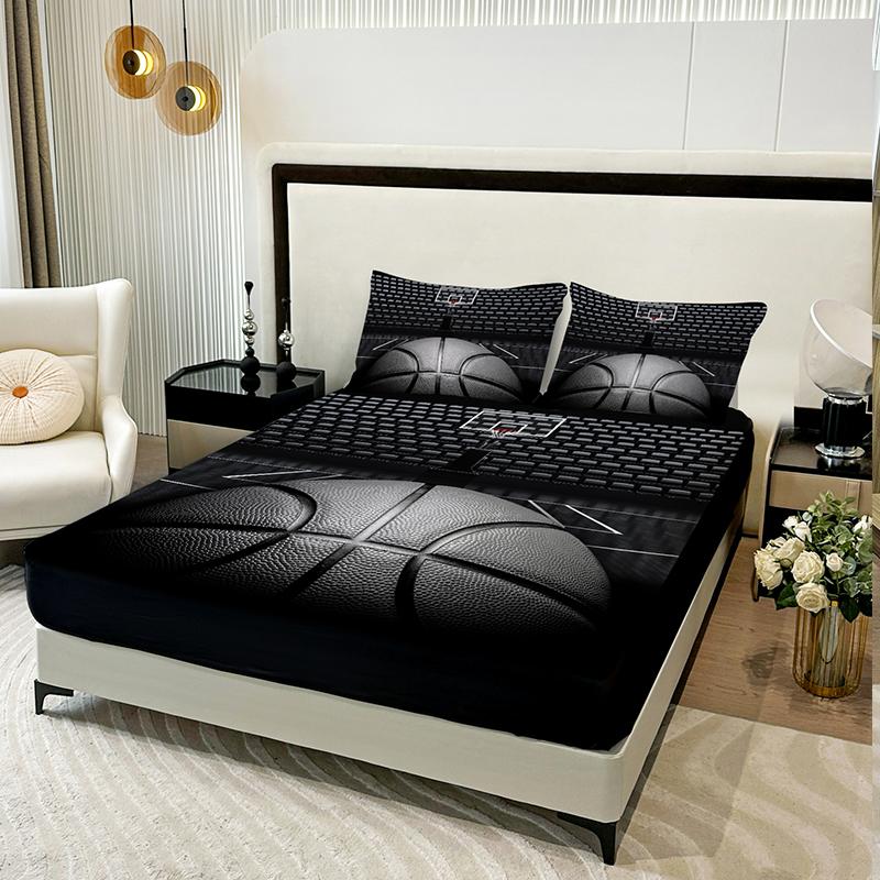 3PC Basketball Court Bed Sheet, Fitted Sheet*1+Pillowcases*2, Suitable For Bedrooms And Guest Rooms, Comfortable And Soft Fabric