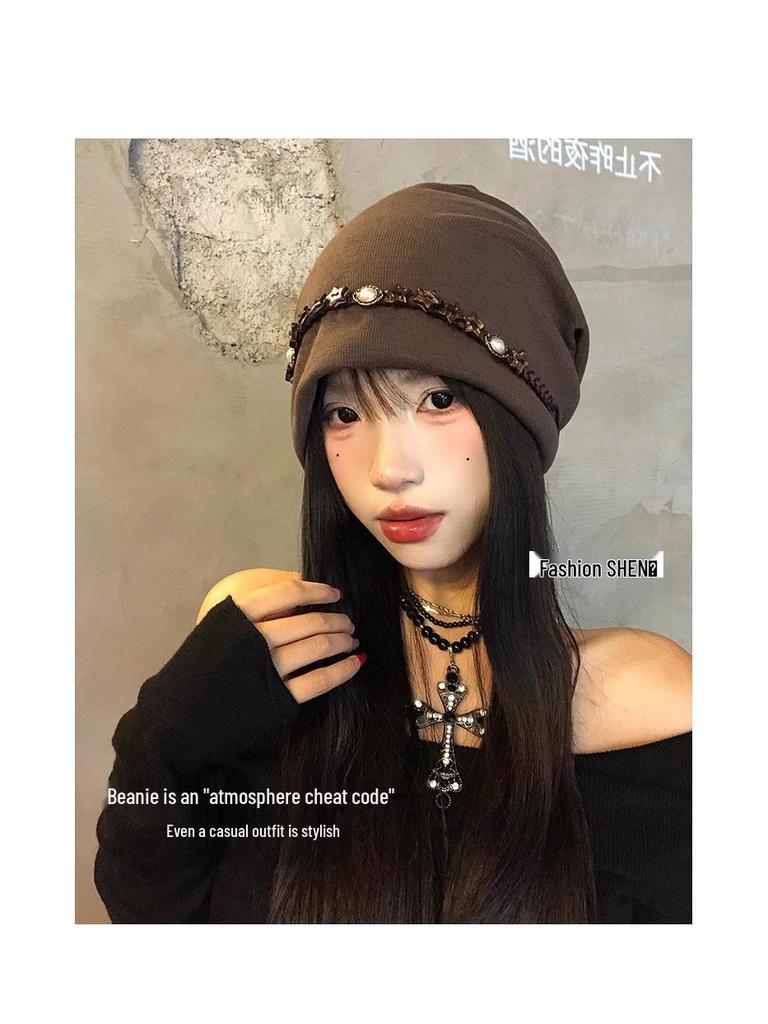 2025 Czapka typu slouchy w stylu koreańskim z koralikami: Damska prosta czapka beanie na wiosnę/jesień dla dużego obwodu głowy