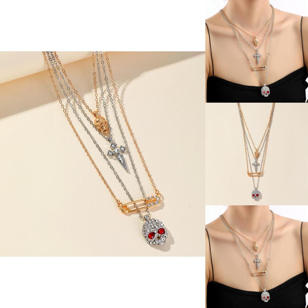 Halloween Skull Cross Pendant Necklace With Water Diamond And Water Wave Chain For Women
