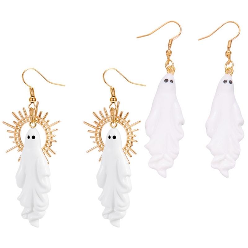 

2 пары серег-привидений на Хэллоуин, милый жуткий дизайн, текстура сплава, висячие серьги для вечеринки, аксессуары для костюма 1