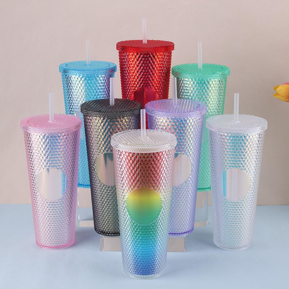 710ml Polymer Straw Cup Rhinestone Rivet Cup Double-Walled Water Tumbler Large Capacity Travel Mug Designed For Home and Outside High Quality