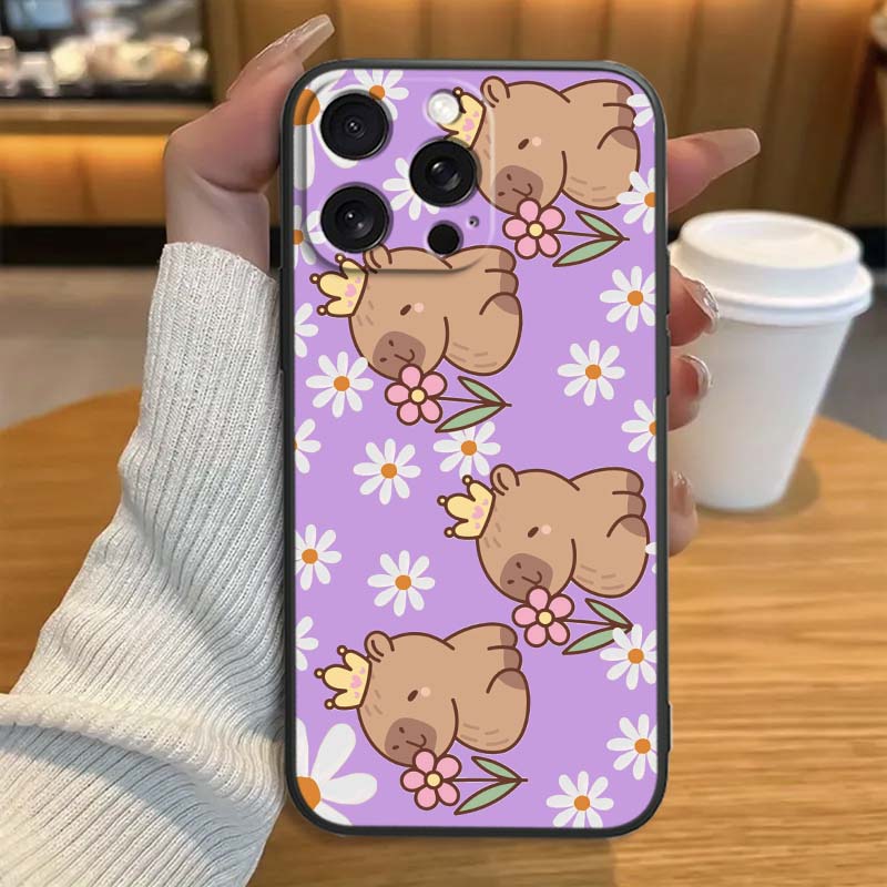 Cartoon Anime Capibala Art Phone Case For Apple iPhone 17 16 16E 15 14 13 12 11 Pro Max Plus Black Soft Silicone