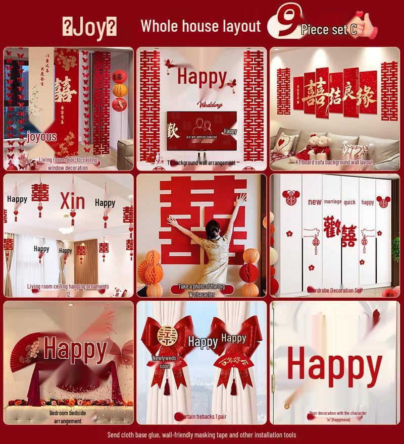 Wedding Decoration Set: Sofa Background, Bedroom Bedside, and Double Happiness Board for Groom's New House