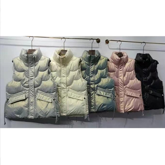 Autumn Winter Women`s Down Cotton Vest Fashion Stand Collar Bright Sleeveless Padded Coat Casual Trend Women Vest Jacket