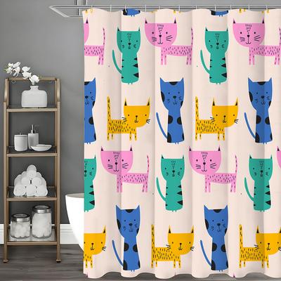 Cartoon Colorful Cat Shower Curtain, Bathroom Decorative Shower Curtain, Waterproof Shower Curtain with Hooks