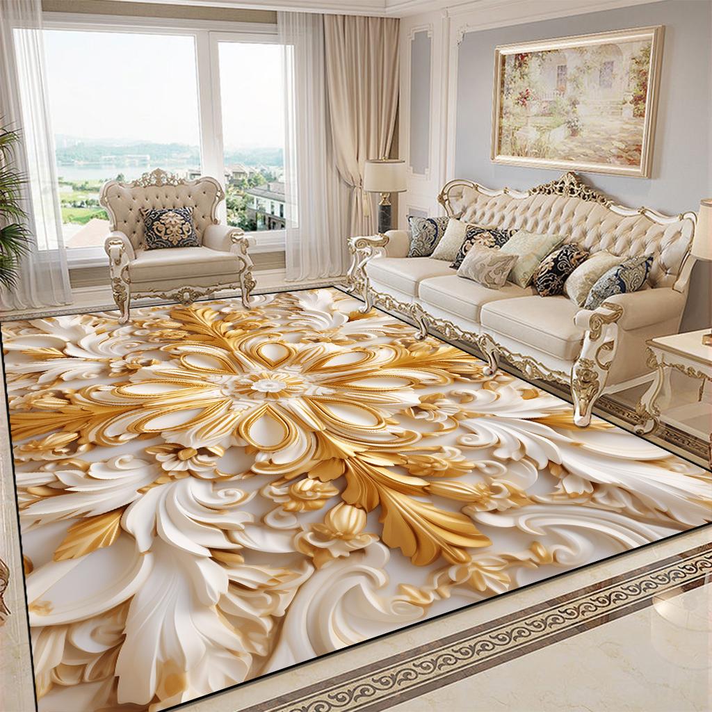 Luxury Golden Decorative Rug for Living Room European Style Parlor Decor Carpet for Rooms Non-slip Washable Lounge Sofa Foot Mat