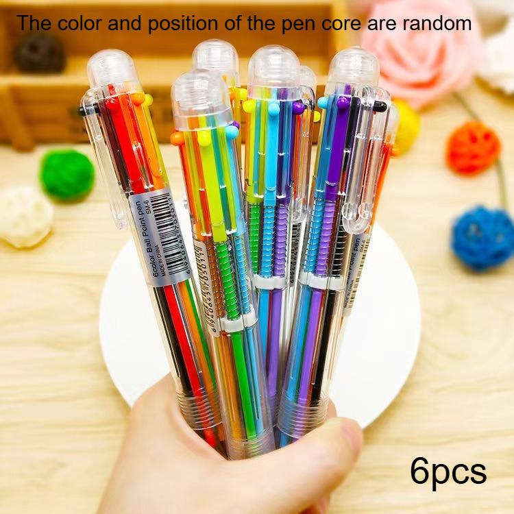 

6/12pcs 6-Color Ballpoint Pen Set - Creative Six-Color Transparent Pen Holder Account Pen 6-in-1 Smooth Writing Button Switch