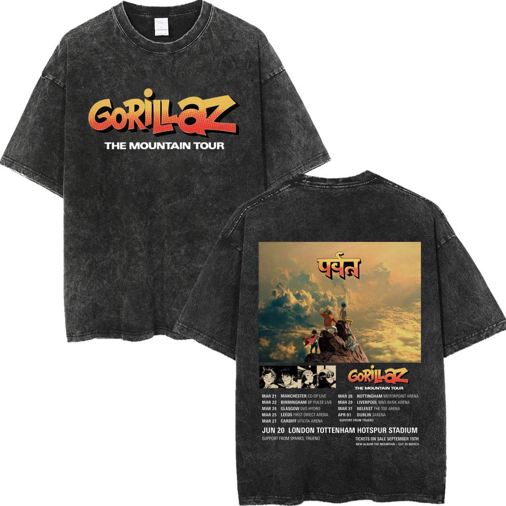 Vintage Washed Gorillaz The Mountain Tour Tshirts Men Women Casual Fashion Tshirt High Quality Cotton Oversized T Shirt