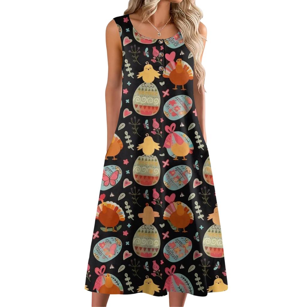 Dámské módní ležérní bezrukávové knoflíkové velikonoční potisk šaty s kapsou