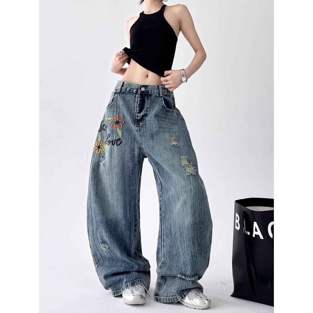 American Retro Bamboo Pattern Washed Ripped Scimitar Jeans Men's and Women's High Street Niche Flower Embroidered Wide-leg Trousers