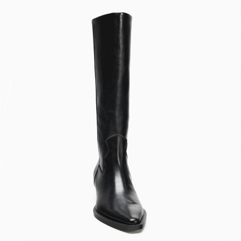 Luxury Designer Knee Boots Women Sexy Black Pointed Toe Sewing Chunky Heel Platform Boots Comfortable Soft Leather Long Boots