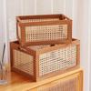 Retro Solid Wood Storage Box with Rattan Accents - Multifunctional Desktop Organizer for Home, Kitchen & Bathroom