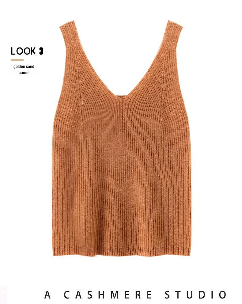 Women’s V-Neck Cashmere Camisole Sweater - Fitted, Sleeveless with Elegant Back Design for Autumn & Winter