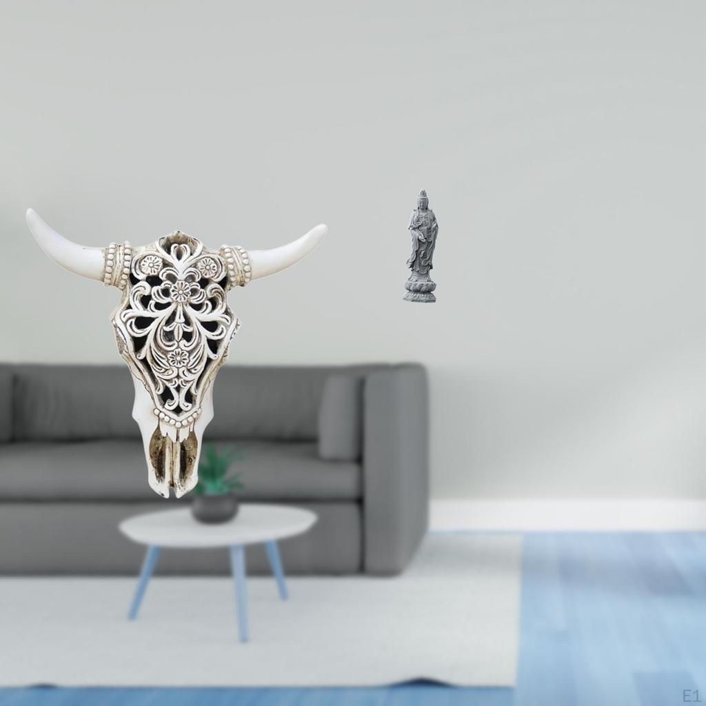 Tribal Bull Head Wall Hanging Art And Guan Yin Buddha Sculpture Ornament for Office Farmhouse