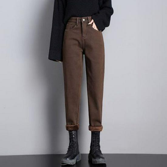 Khaki Harem Jeans mit hohem Bund - Damen 2025 Schlankmachende Karottenhose mit Samtfutter für Herbst/Winter