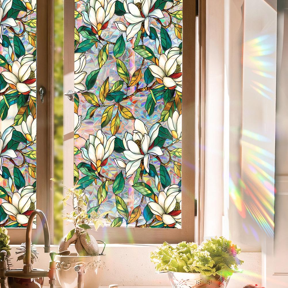 Flowers Window Privacy Film Removable Static Cling Stickers Floral Stained Glass Window Film Decorative Window Decals for Home