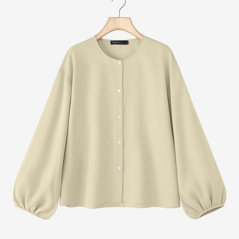 

ZANZEA Women Casual Round Neck Loose Button Long Sleeve Blouse 5XL хакі