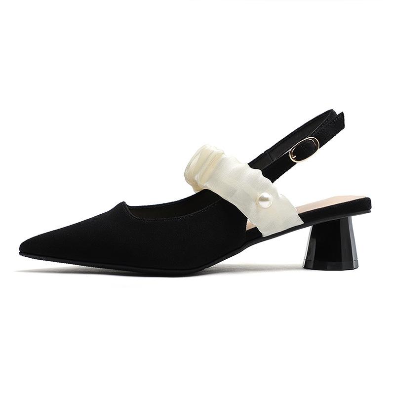 

Фу размер, босоножки на толстом каблуке, женские весенне-летние сетчатые ремешки, жемчужный атласный передний ремешок и задник, модная уличная обувь. 40