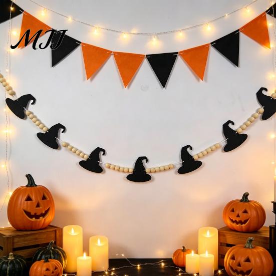 Natural Wood Bead Garland 2 Pcs 7.5FT Halloween Garland, Felt Pumpkin Ghost Bat Skull with Beads, Party Hanging Banner for Fireplace Doorway