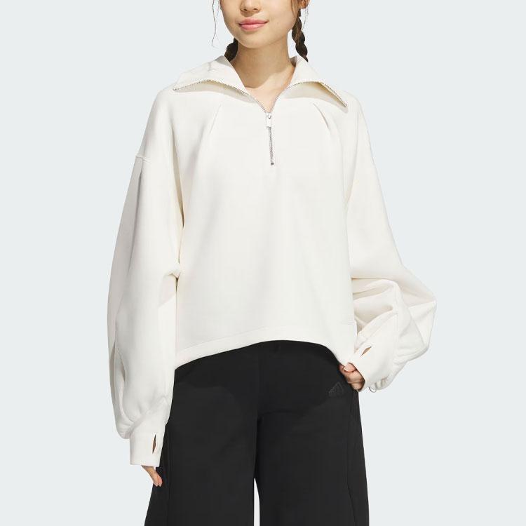 Adidas Spacer 1/2 Zip Track Top Solid Color Loose Fit Pullover Sweatshirt Women Tops White JJ3795