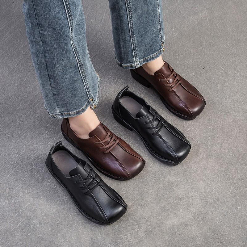 Fashion GKTINOO 2025 Autumn New Genuine Leather Round Toe Lightweight Casual Mid Heel Pumps Versatile Soft Sole Lace Up Women's Shoes