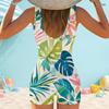 Women Plus Size Square Neck Wide Straps One Piece Boyshort Swimsuit Tropical Leaf Printed