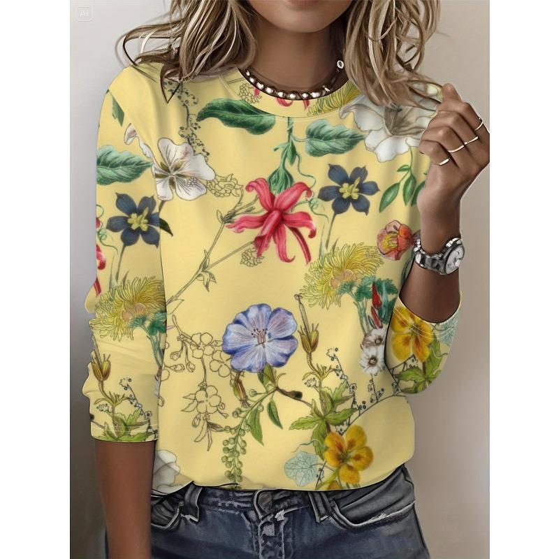 Round Neck 3D Flower Printed Top Casual Long Sleeved Women's T-shirts - Soft Medium Stretch Polyester Fabric Spring and Autumn Relaxed Fit Clothing