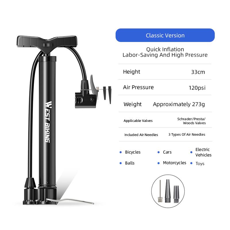 WEST BIKING Bicycle Air Pump 120PSI High-Pressure Cycling Pump Portable Tire Pump MTB Road Bike Tire Inflator Cycling Accessory Classic Version