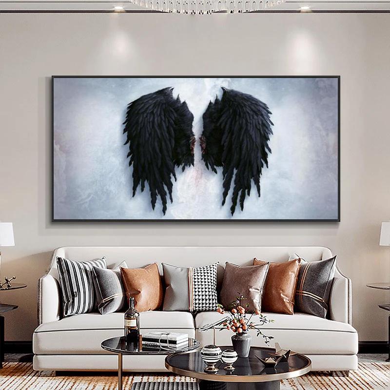 Pintura en lienzo de alas de ángel en blanco y negro moderno, carteles artísticos de pared, impresiones, imágenes abstractas, sala de estar, oficina, decoración del hogar, sin marco