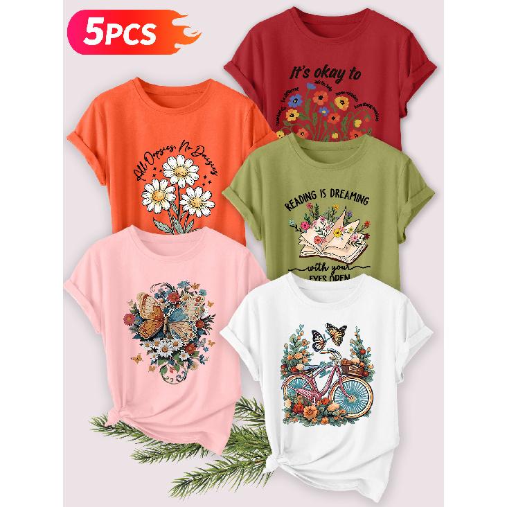 Five-piece set Elegant short-sleeved shirt for women Daisy Butterfly Print Round Neck Women's Casual Sportswear T Shirt Suitable for spring and
