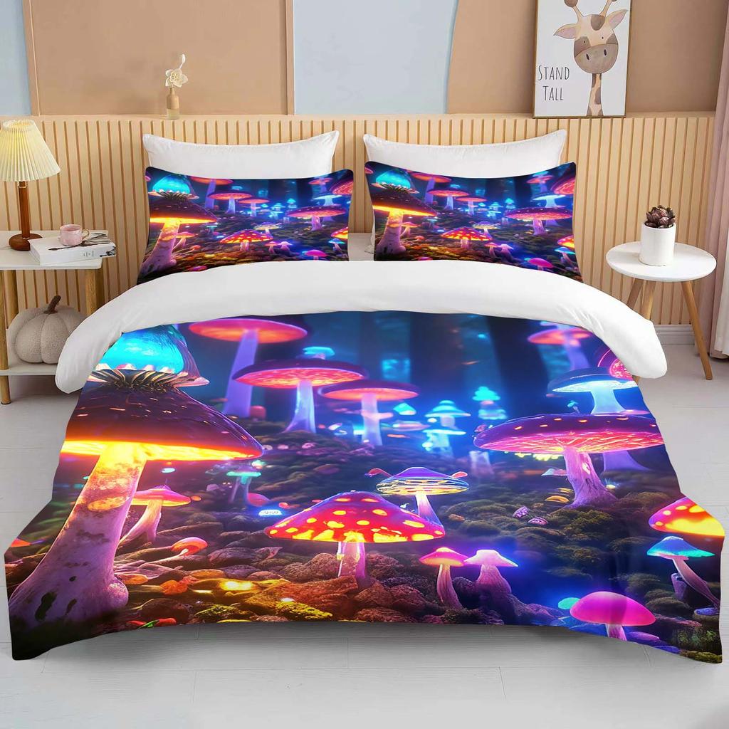 Super Vibrant Neon Psychedelic Mushrooms Print Bedding Set 3PC 1 Duvet Cover 2 Pillowcases Adult and Children Bedding Set Luxury