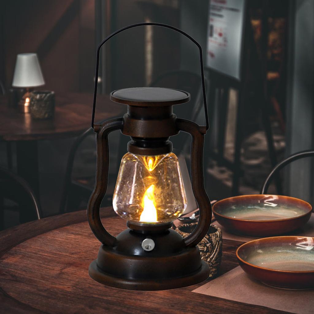 Retro Solar LED Oil Lamp Antique Metal Hanging Lantern Vintage Rustic Nightstand Table Lamps for Study Room Bedroom Theatre Prop
