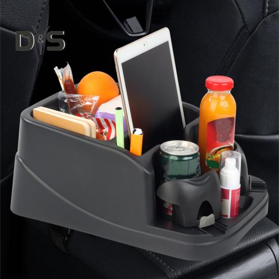 Small Center Console Car Console Organizer with Drink Holder Universal Rear Bench Seat Storage Box for IPad Smartphone Coins Book