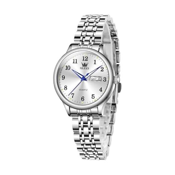 OLEVS Women s Watch, Waterproof, Analog Quartz, Popular Fashion Brand, Women s Arm Watch, Stylish, Silver Arabic Numeral Dial, White, Stainless Steel