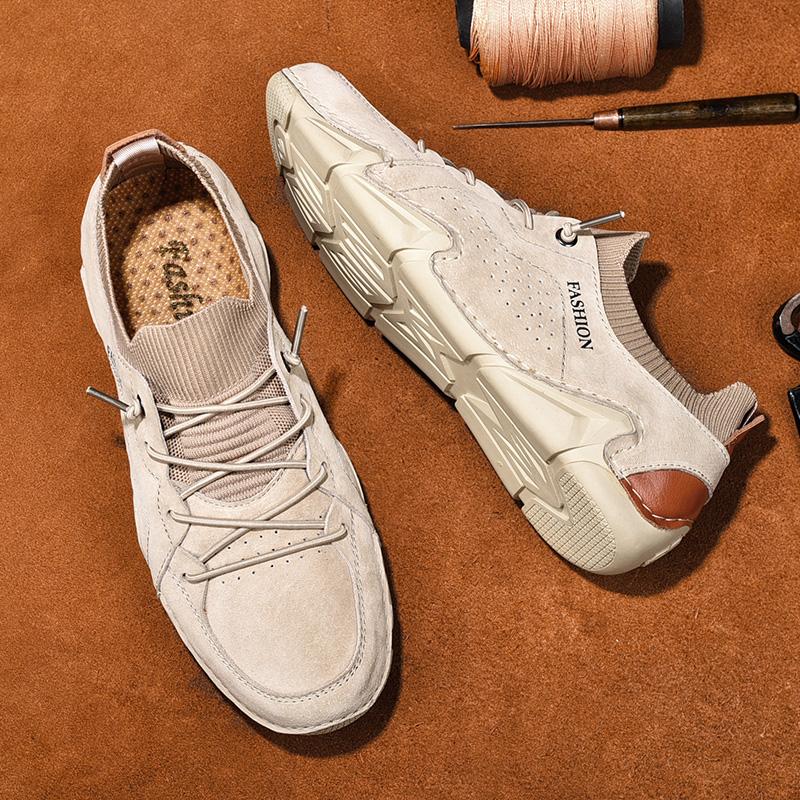 Herrenschuhe Lässige Leder Wildleder Sneaker Mann Outdoor Freizeitspaziergang Flats Männlich Bequem Atmungsaktiv Socken Schuhe Mode Slipper