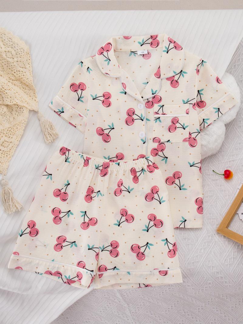 Girls Cartoon Cherry Pajama Set - Short-Sleeved Tee and Shorts 100 cm