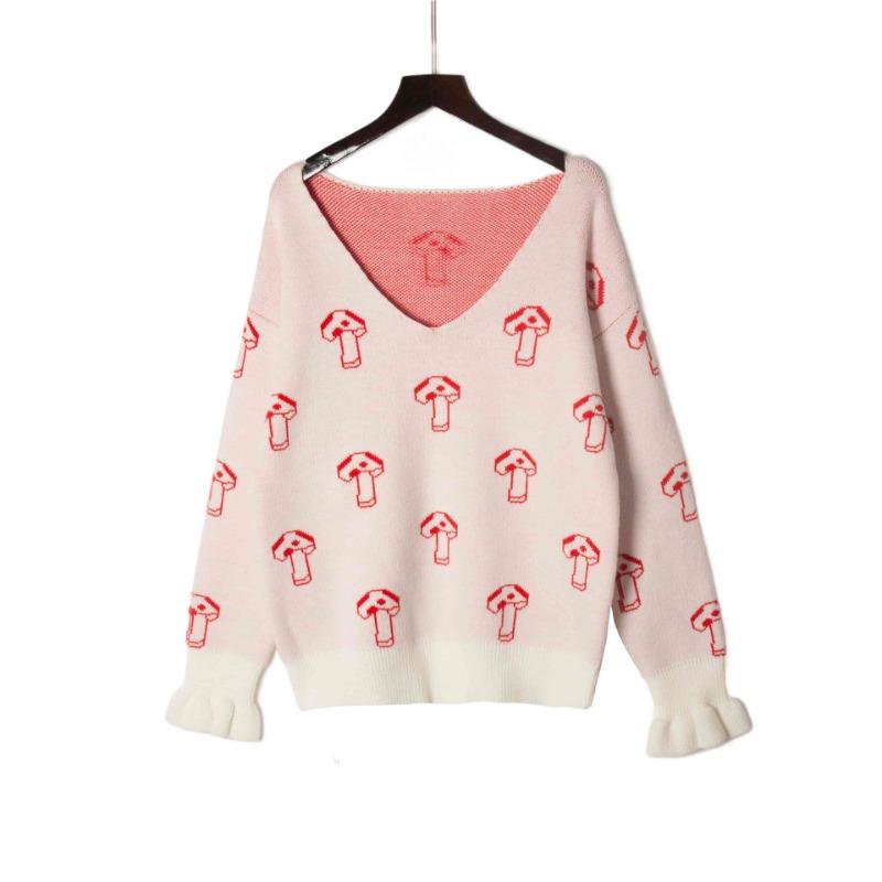 Inner Knitted Soft Gentle Wind Sweater Female V-neck Pullover Mushroom Pattern Small Perfume Loose Tops for Women