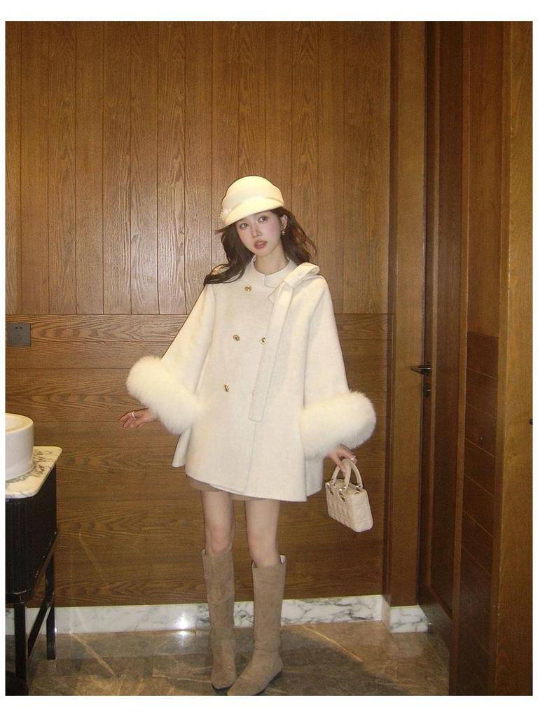 Petite Bow Women's Thickened Fleece Lined Wool Cape Coat