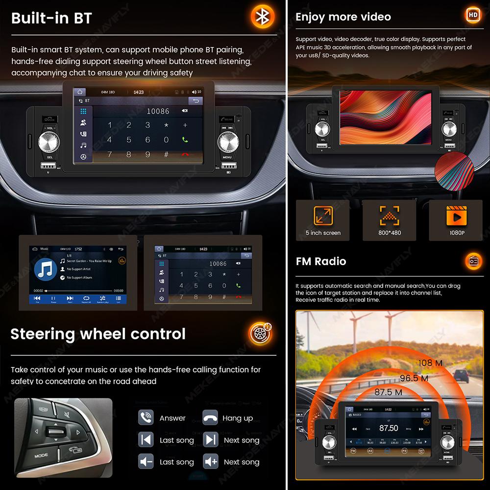 Navifly 5" Touch Screen 1 Din MP5 Player Universal Car Radio Multimedia Player Wireless Carplay Android Auto FM Stereo Receiver