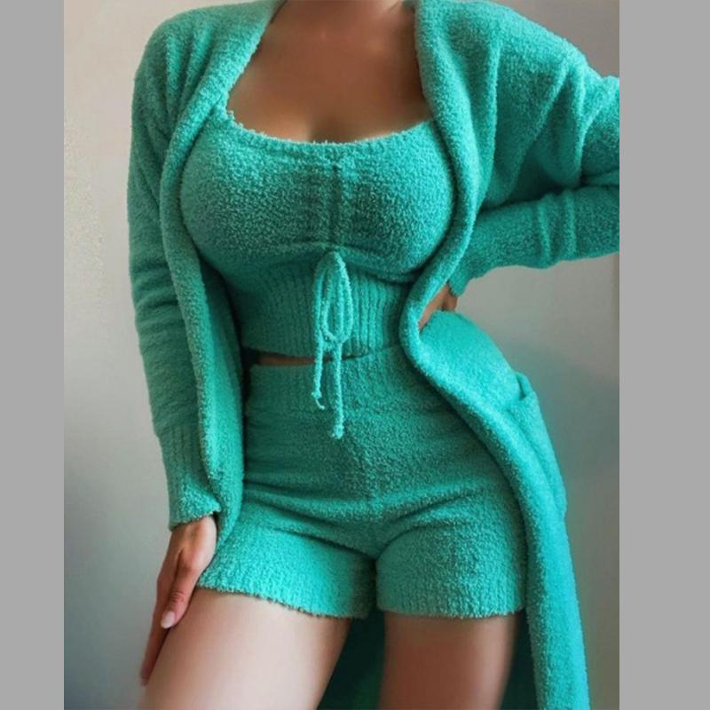 

3 предмета однотонной пижамы женские осенние бархатные кружевные укороченные топы шорты костюм кардиганы пальто модные удобные пижамы шорты комплекты M зелёный