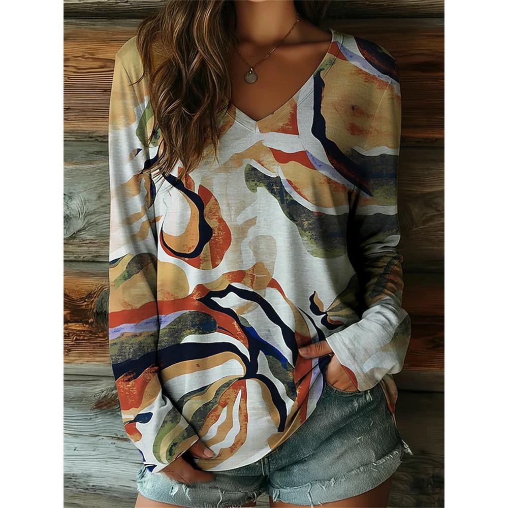 Women's Autumn Long-Sleeve T-Shirt V-Neck Loose Fit Patchwork Style with Irregular Geometric Print Trendy Street-Style Top