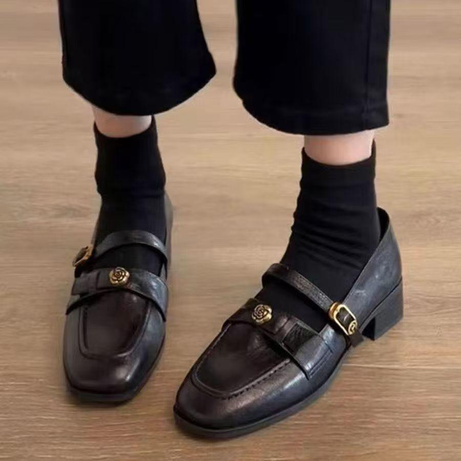 Soft Leather Version _ Soft Leather French Thick Heel Camellia Light Mouth Single Shoes Women's Spring New Retro Mary Jane Small Leather Shoes -
