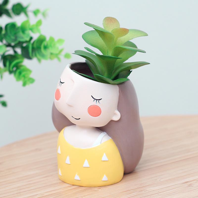 Cartoon Girl Design Resin Plant Flower Pot Succulent Planter Flowerpot Home Decoration(withoutPlant)