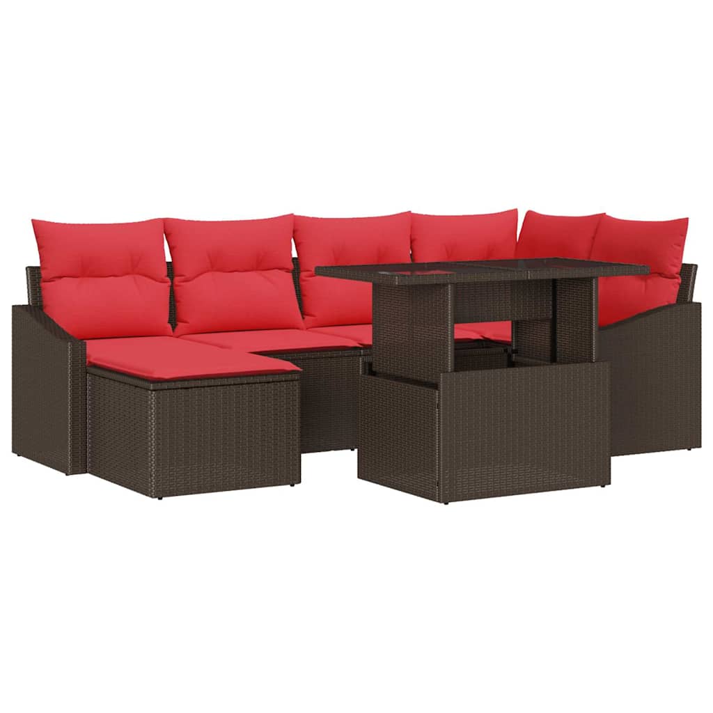 Sofa Set 7 Pieces Brown and Red Poly Rattan