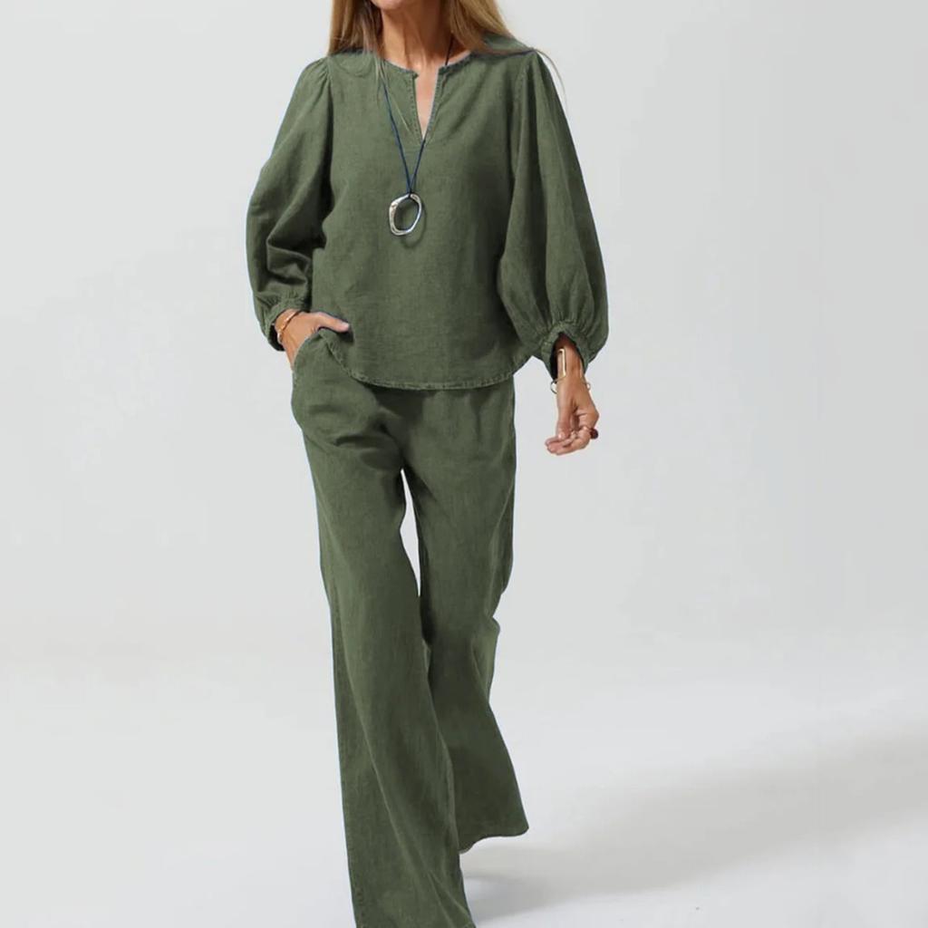 Women's Casual Long Sleeve Cotton Linen V-neck Straight Pants Two-piece Set